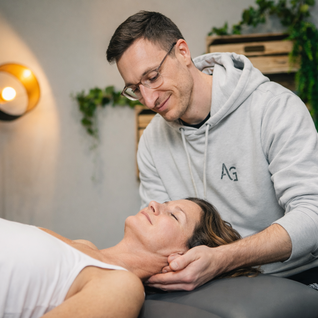 Ein Therapeut behandelt eine liegende Patientin manuell.
